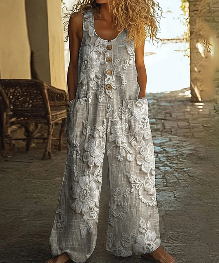 Vintage Floral Embroidered Pattern Art Print Casual Wide-leg Jumpsuit