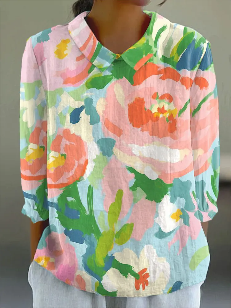 Women's Floral Art Print Casual Cotton And Linen 3/4 Sleeve Shirt