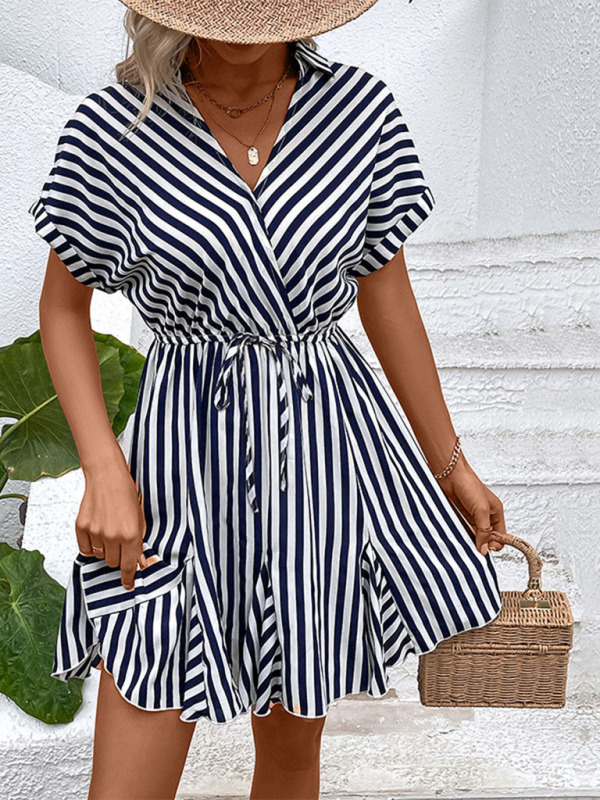 Mature Women Casual Summer New Fashion Lapel Striped Shirt Dress
