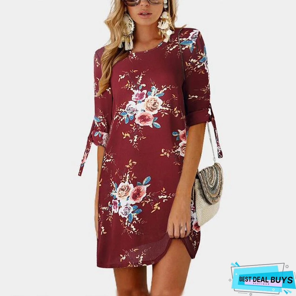 Women Chiffon Floral Print Mini Dress Boho Beach Half Sleeve Elegant Dress Black Dresses