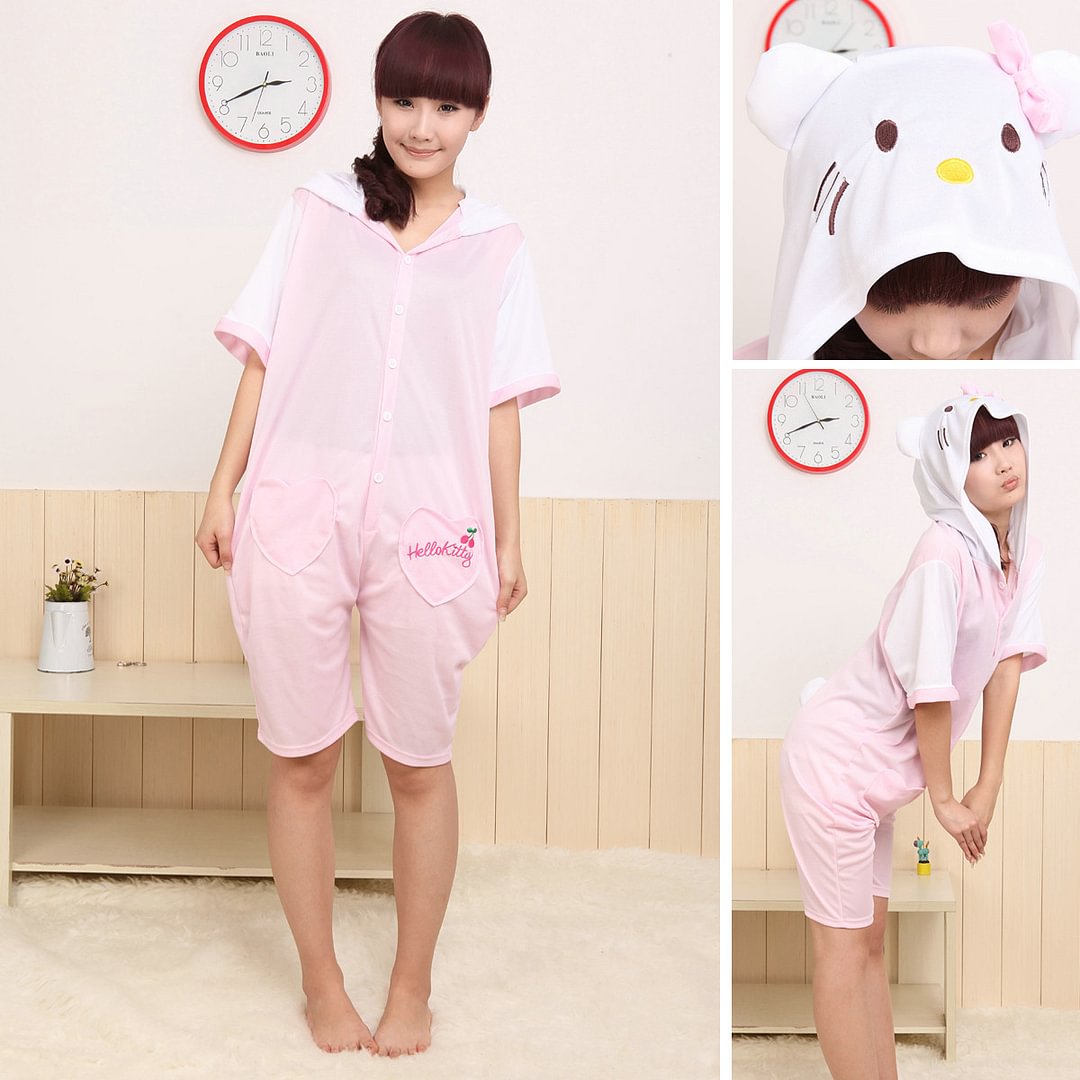 Pink HKT Cat Kigurumi Onesies Pajamas Hoodie Costume Short-Pajamasbuy