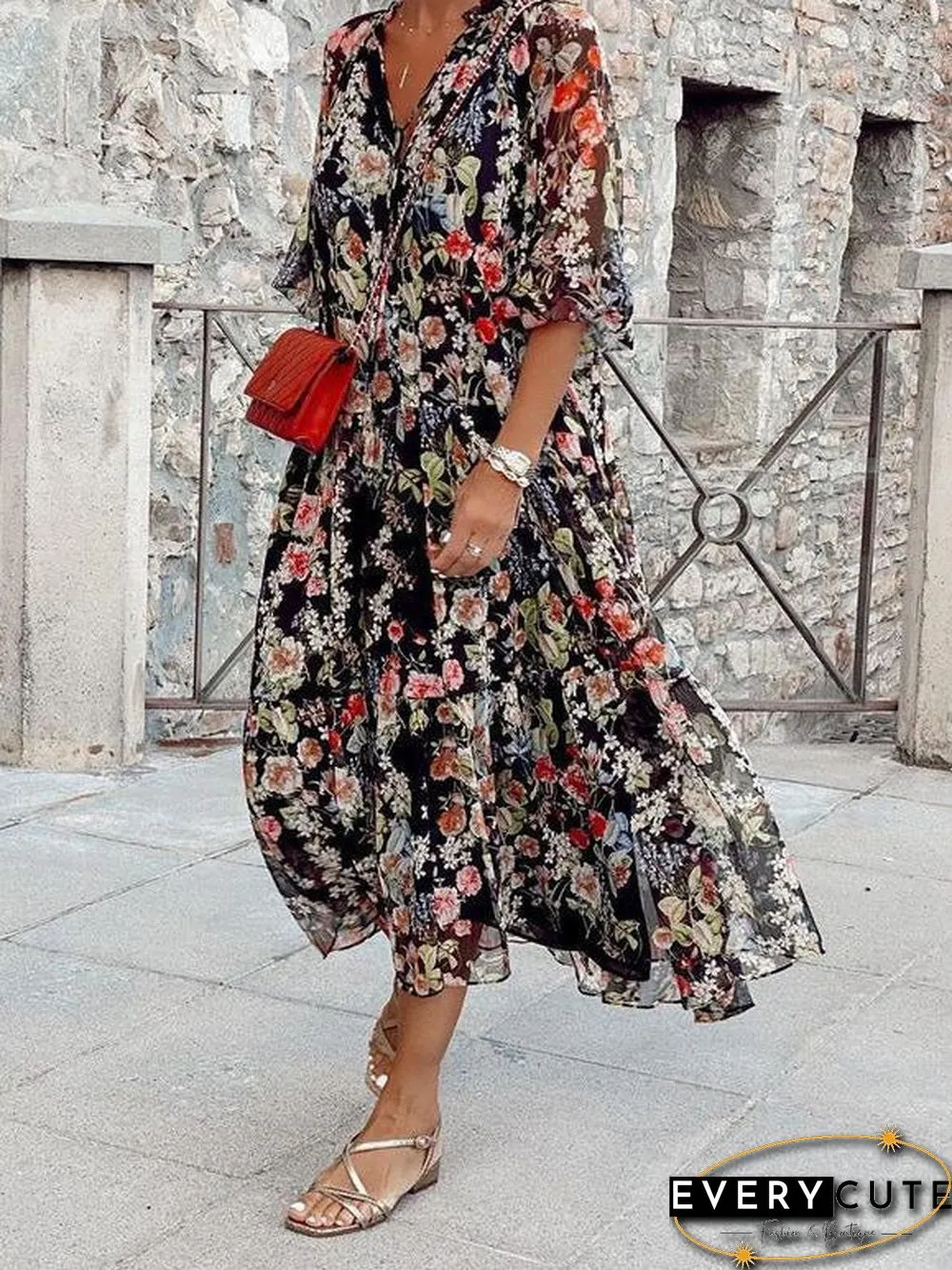 Women'S Dresses Loose V-Neck Lace-Up Print Dress
