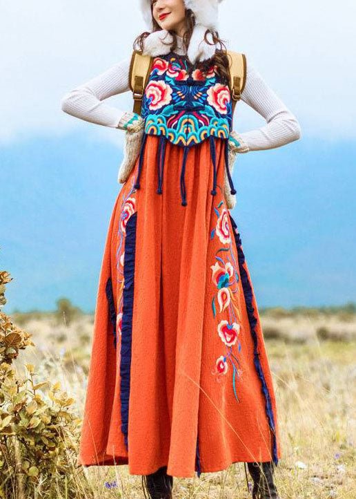 Famous family style Orange Embroideried O-Neck Embroideried Patchwork Long Dress Sleeveless CK1445- Fabulory