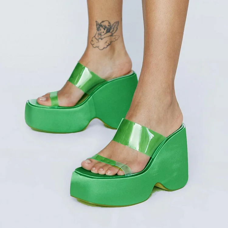 Green Satin Platform Mules Clear Double Strap Chunky Heel Sandals |FSJ Shoes