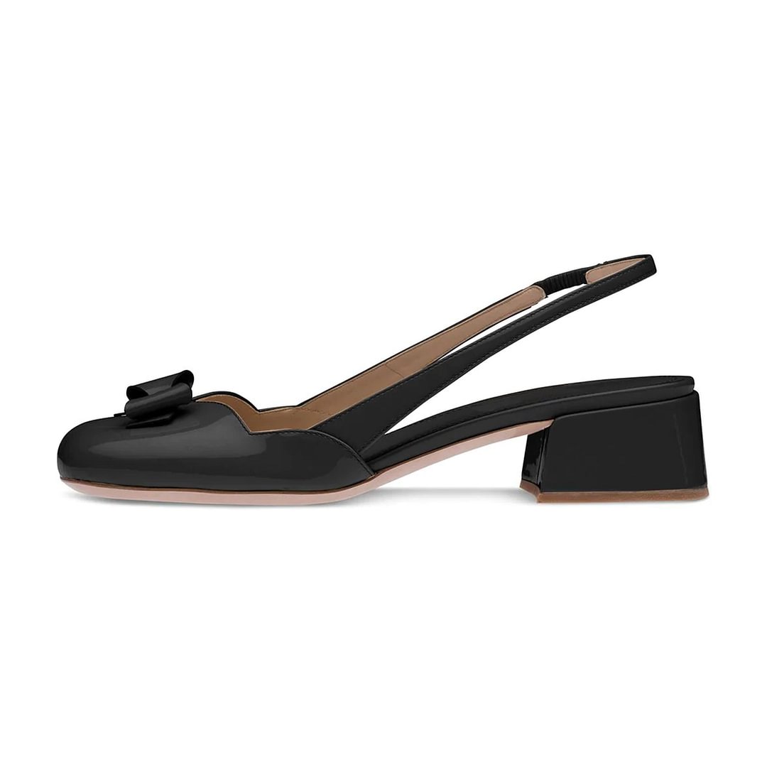 Black Patent Leather Square Toe Slip on Slingback Low Heel Pumps