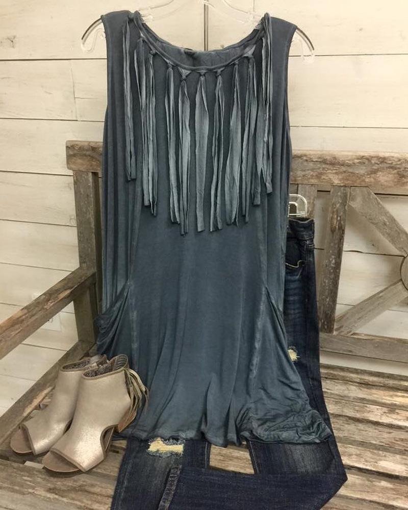 Women's O-Neck Solid Color Neckline Fringe Long Sleeveless Top