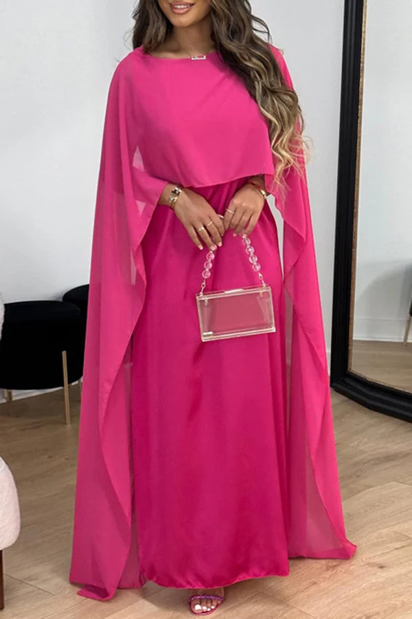 Elegant Solid Color Chiffon Cape Shift Maxi Dress