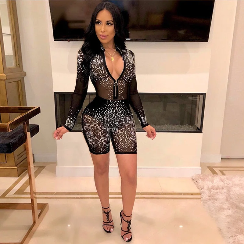 hirigin Sexy Women Mesh Glitter Rhinestones Playsuit Summer Transparent Zipper Jumpsuit Romper 2019 Long Sleeve Night Club