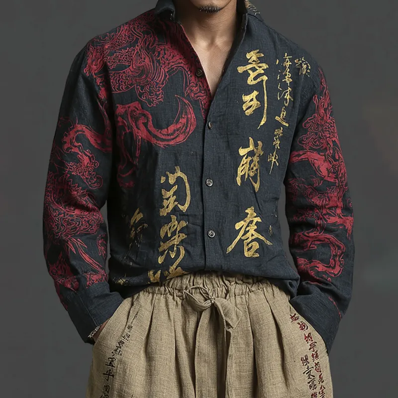 Japanese Art Retro Dragon Linen Casual Long-sleeve Top  artssus