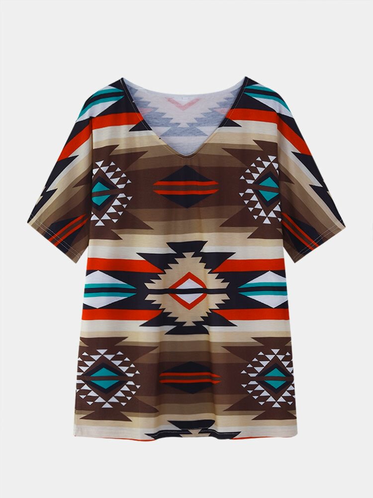 Geometric Ethnic Pattern V neck Short Sleeve Vintage Women T shirt P1854343