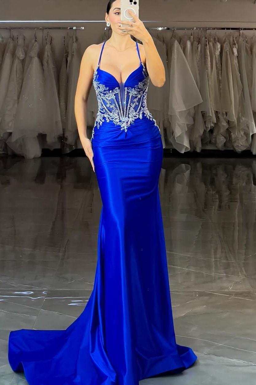 Ovlias Chic Royal Blue Halter Rhinestone Tailored Mermaid Prom Dress LY0557