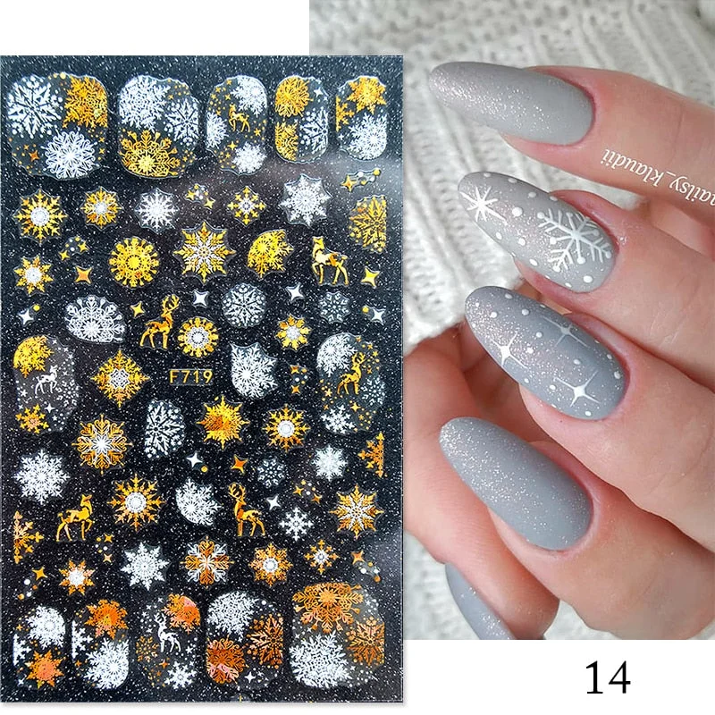 Gold White Bronzing Christmas Nail Sticker 3D Snowflakes Leaf Geometry Lines Letter For Manicure Sliders Decoration Accessories