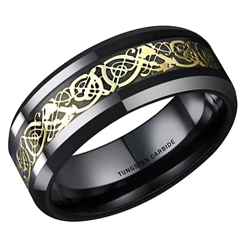 4MM 6MM 8MM 10MM Women or Men's Tungsten Carbide Wedding Rings Band. Black Celtic Dragon Knot Band with Yellow Gold Resin Inlay Design For Mens And Womens