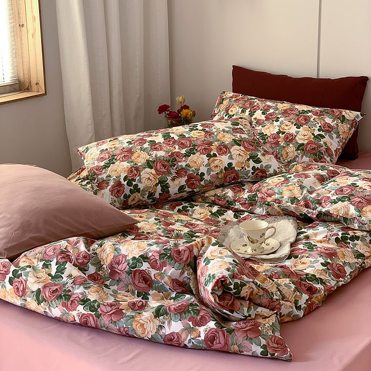 Bedding cotton French retro rose Printing Duvet cover Sheet and pillowcase(s)