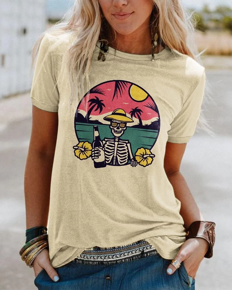 Women's Vacation Skeleton Printed T-Shirt