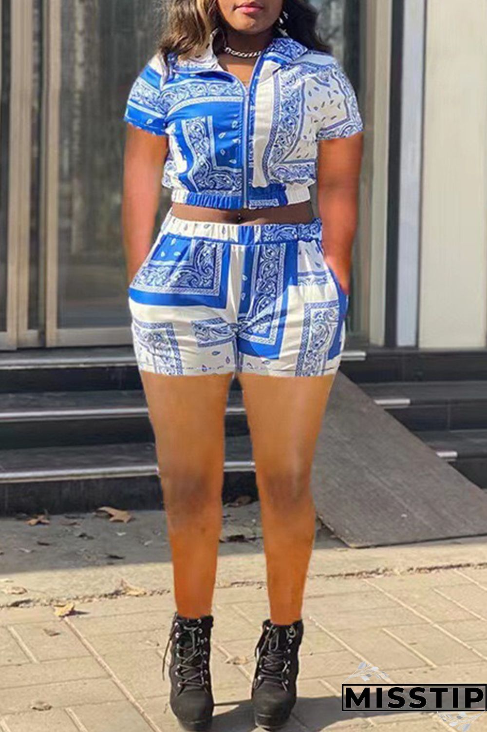 Blue Casual Print Patchwork Zipper Collar Short Sleeve Two Pieces