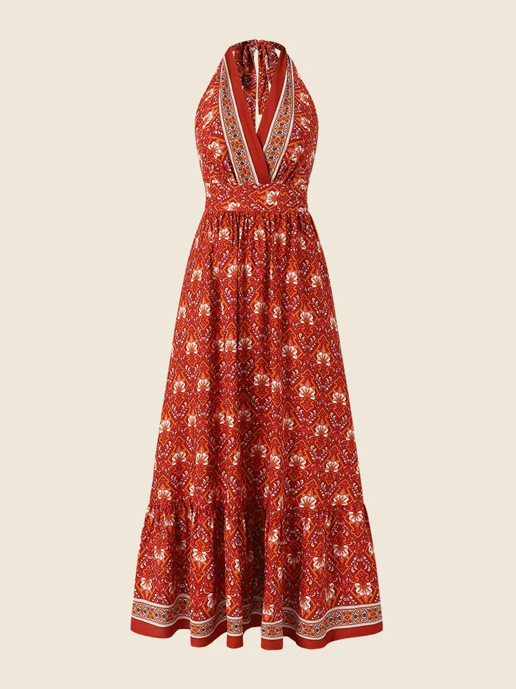 Bohemian Flower Self Tie Halter Open Back Bow Maxi Swing Dress