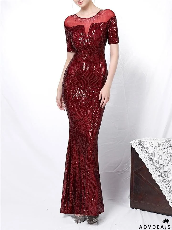 Shimmering Sequined Illusion Neck Mermaid Dress for Evening Party