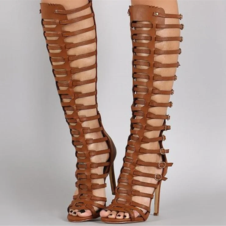 Tan Stiletto Heel Knee-high Gladiator Heels Sandals |FSJ Shoes
