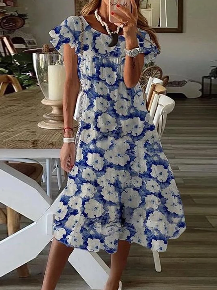 Loose Casual Floral Print Crew Neck Short Sleeve Midi Dress