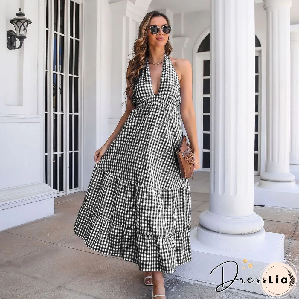 Sexy Dress For Women Summer New Casual Bohemian Holiday Ruffle Hem Plaid Long Backless