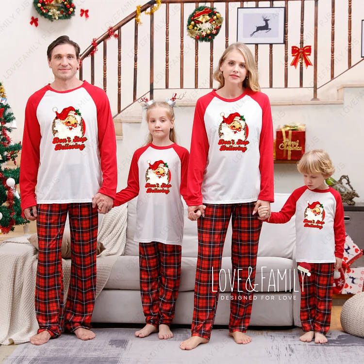 Don't Stop Believin' Christmas Santa Family Red Plaid Pajamas Sets