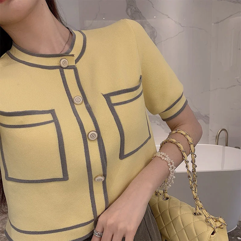 Short Sleeveless Cardigan Women Patchwork Yellow Elegant Office Lady Slender Crop Top Daily All-match Sweaters Trendy 2021 New