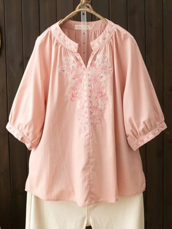 Women's Summer Blouse Top Embroidery Floral Vintage Casual Shirt Mid Sleeve
