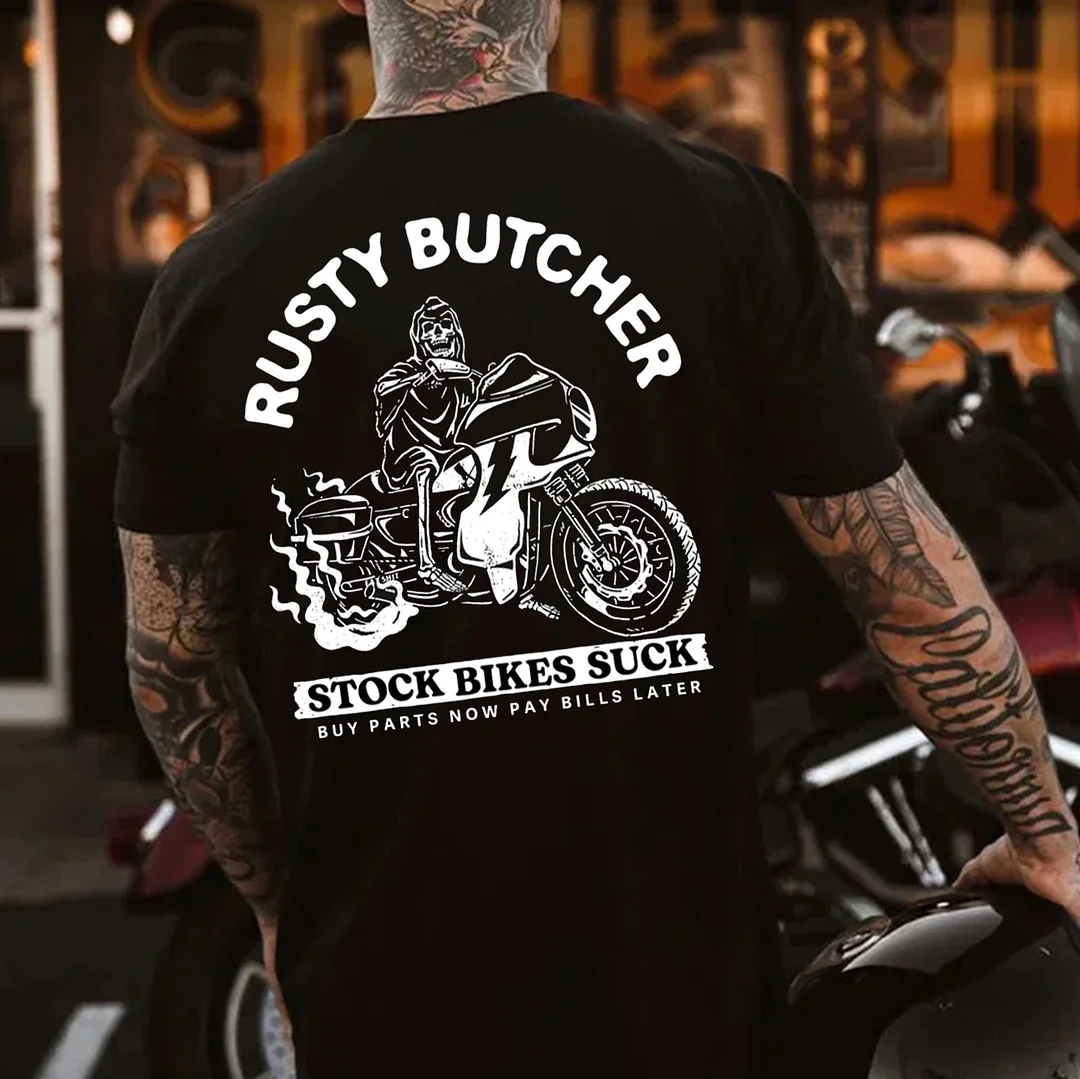 RUSTY BUTCHER Skull Riding Motor Black Print T-Shirt