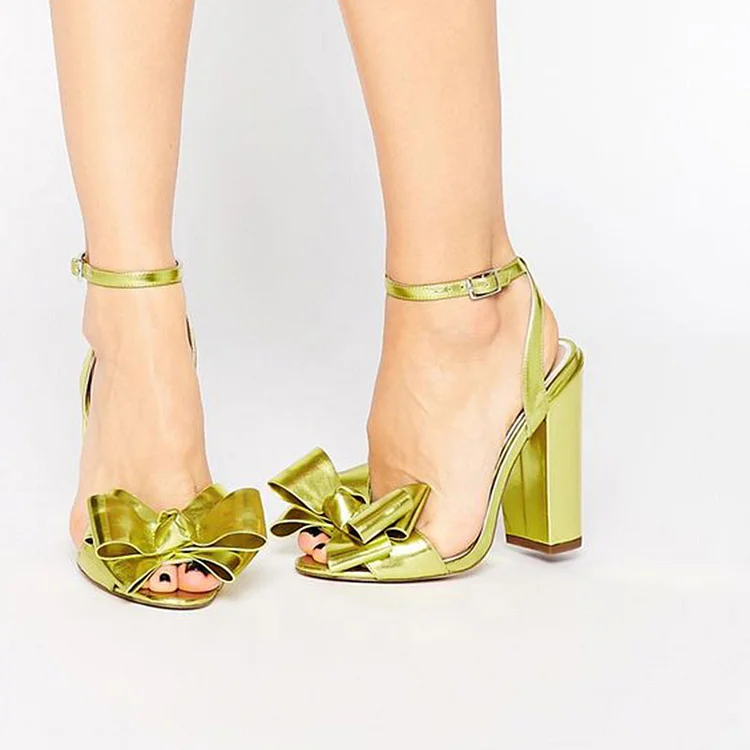 Metallic Light Olive Ankle Strap Block Heel Sandals Bow Party Shoes |FSJ Shoes