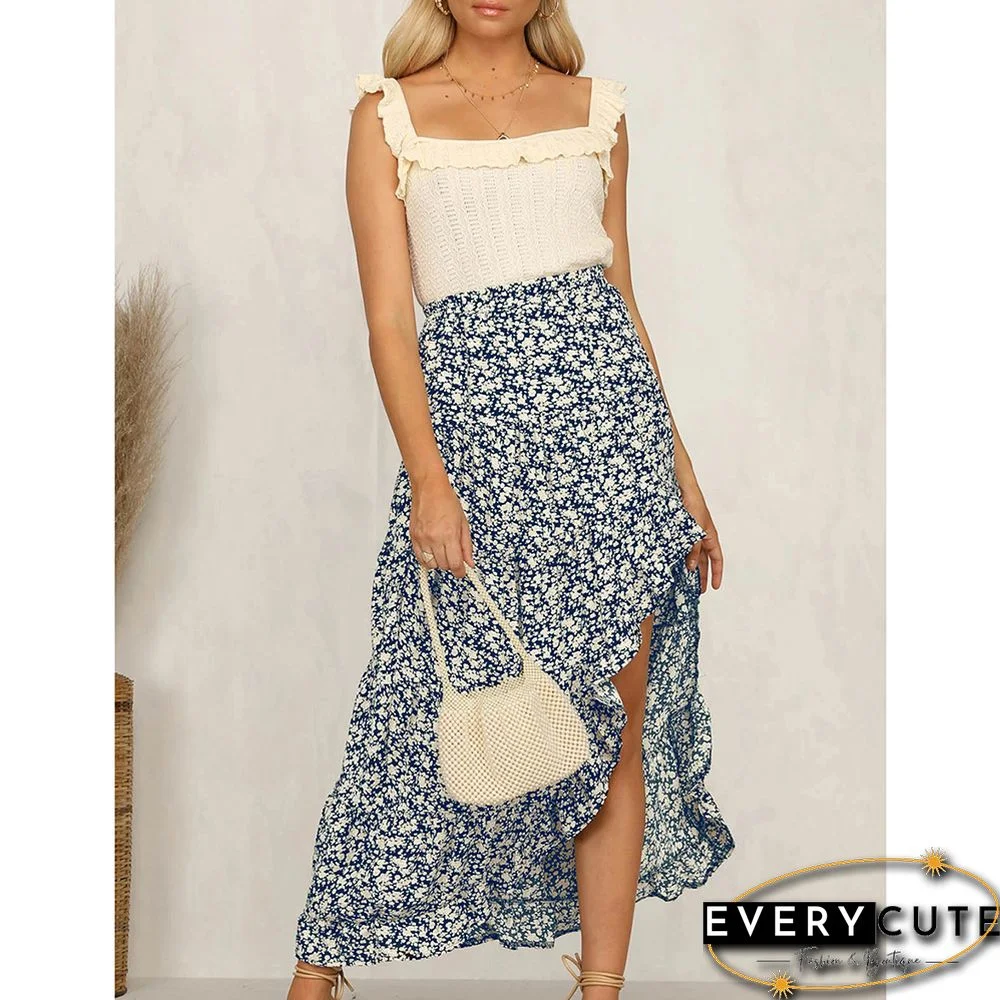 Navy Blue Elastic Waist High Low Ruffled Floral Skirt