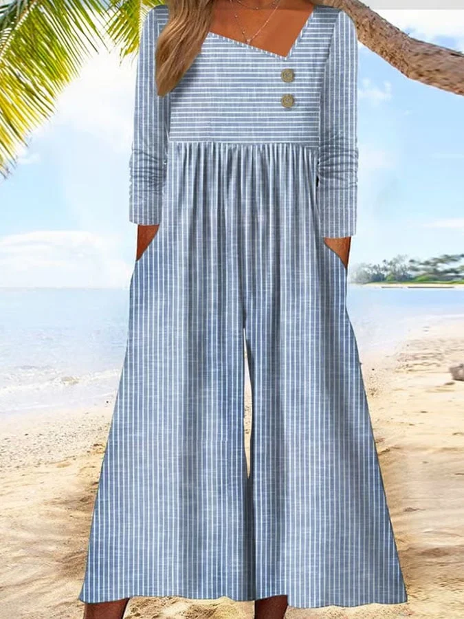Women's Casual V-Neck Long Sleeve Striped Print Button Jumpsuit