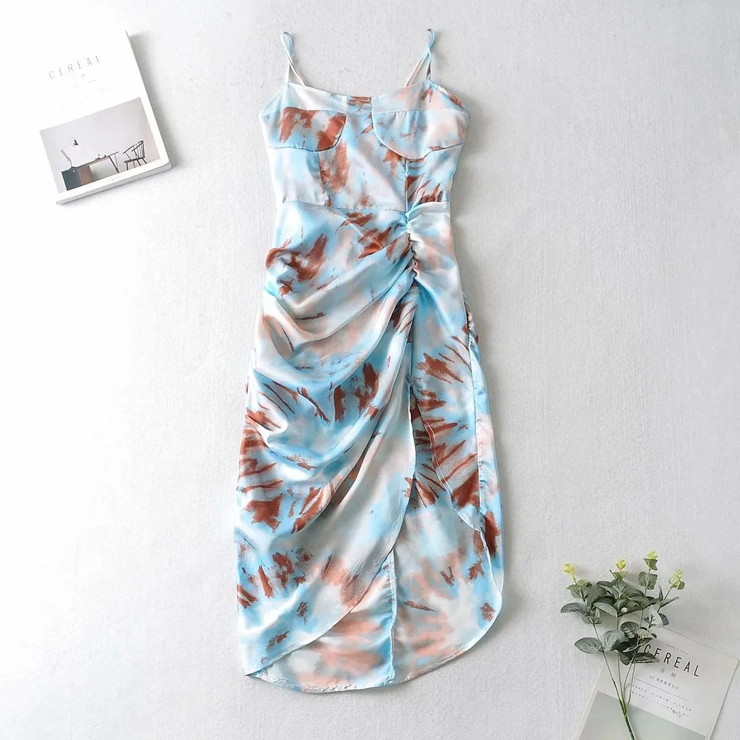 Dress For Wedding Guests Retro Print Pleated Irregular Suspender Dress