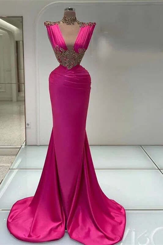 Bellasprom Fuchsia High Neck Sleeveless Mermaid Prom Dress With Appliques Bellasprom