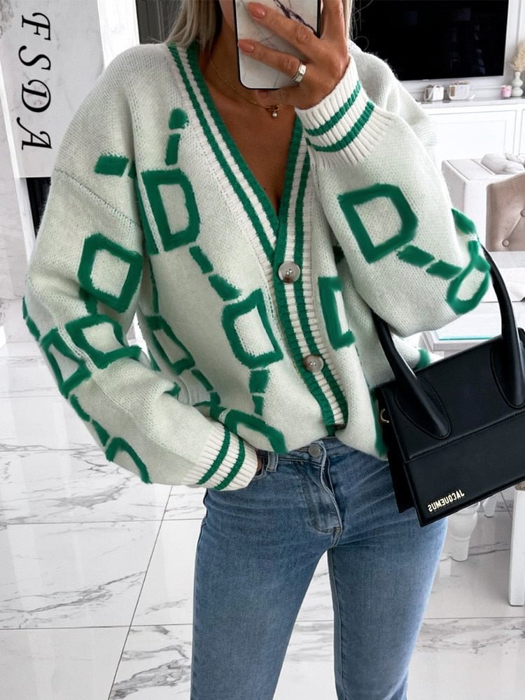 FSDA 2021 V Neck Long Sleeve Caridigan Women Green Autumn Winter Knitted Sweater Loose Casual Fashion Jumper Tops Vintage