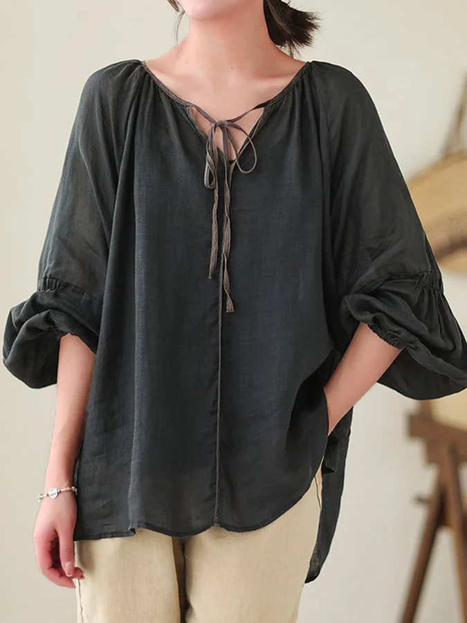 Casual V-Neck Patchwork Contrasting Lantern Sleeve Shirt