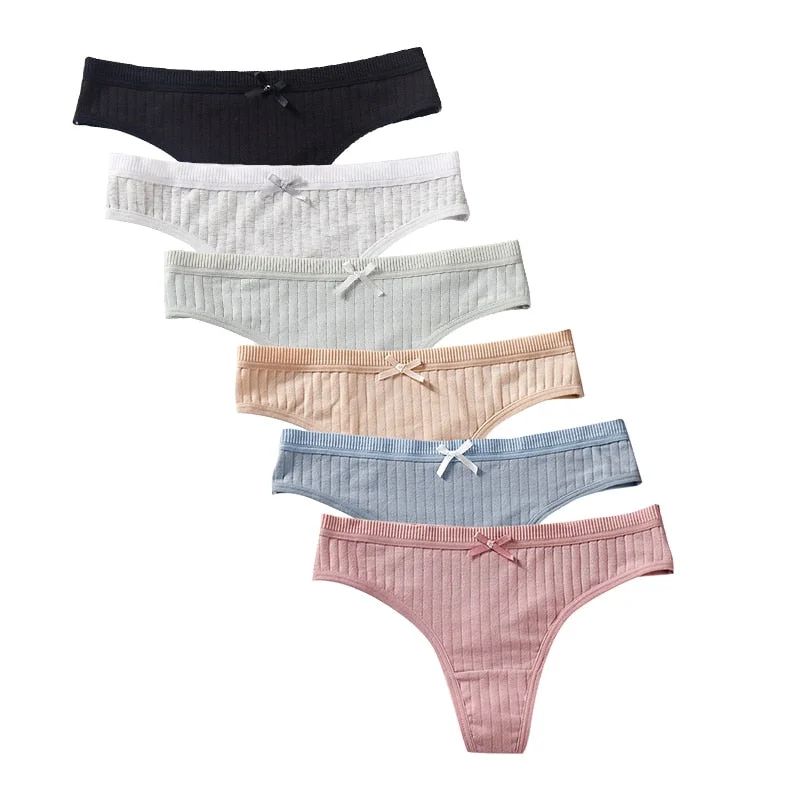 6 Pcs Women G-String Panties Underwear Fashion Thong Sexy Cotton Skin-Friendly Ladies Soft Low Rise Lingerie Solid Underpants
