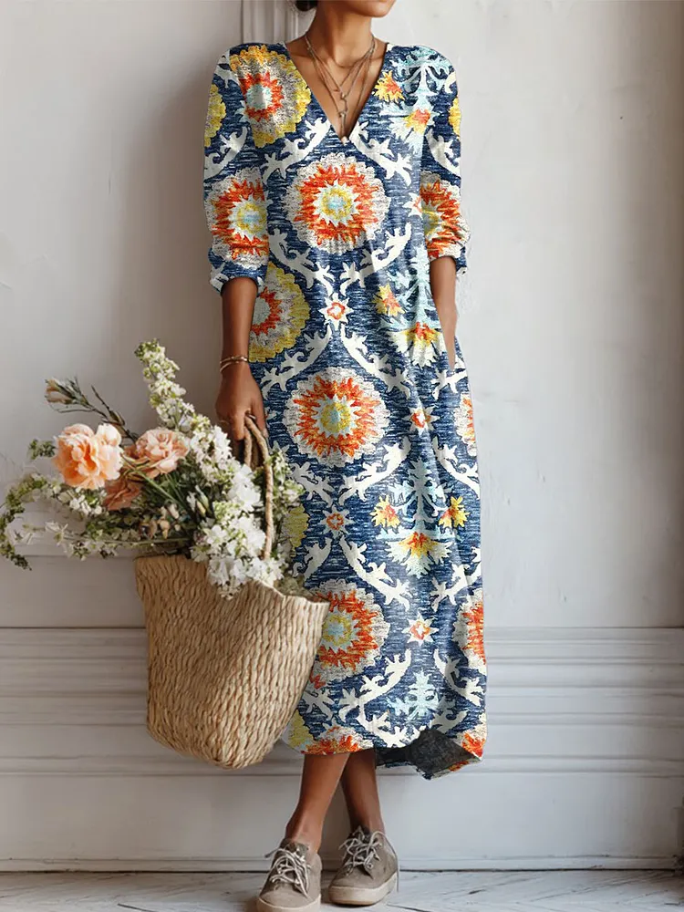 Women's Vintage Flower Art Print Linen Pocket Tunic Dress