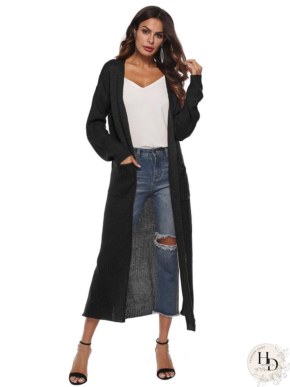 Open Front Long Sleeves Pocketed Knitted Cardigan Coat