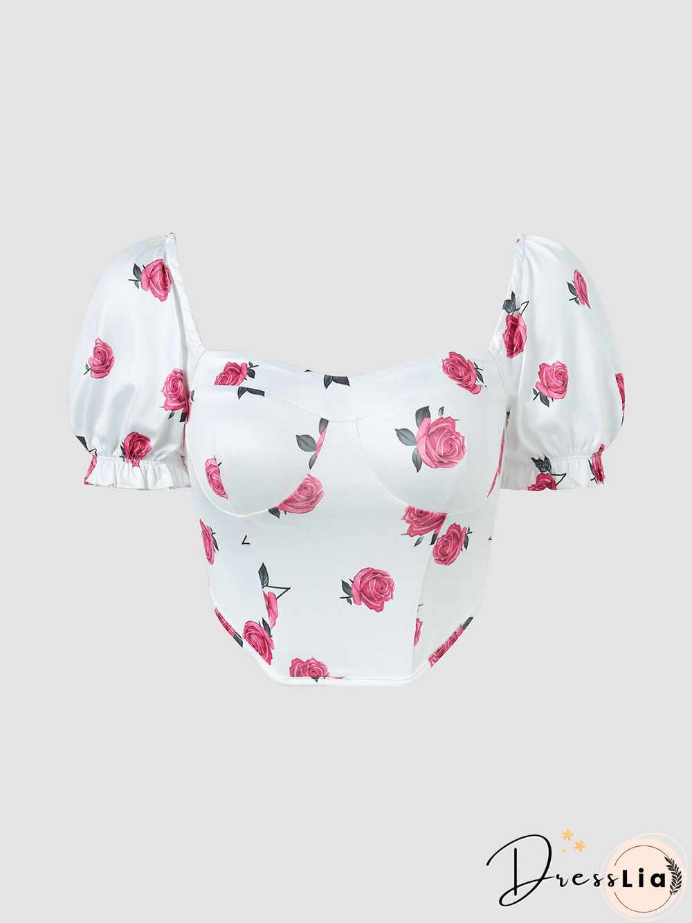 Floral Print Open Back Puff Sleeve Square Collar Crop Top
