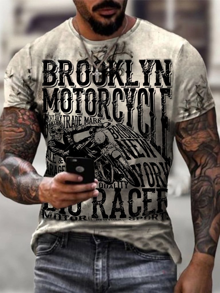 Mens Retro Brooklyn Motorcycle Riding Printed T-shirt