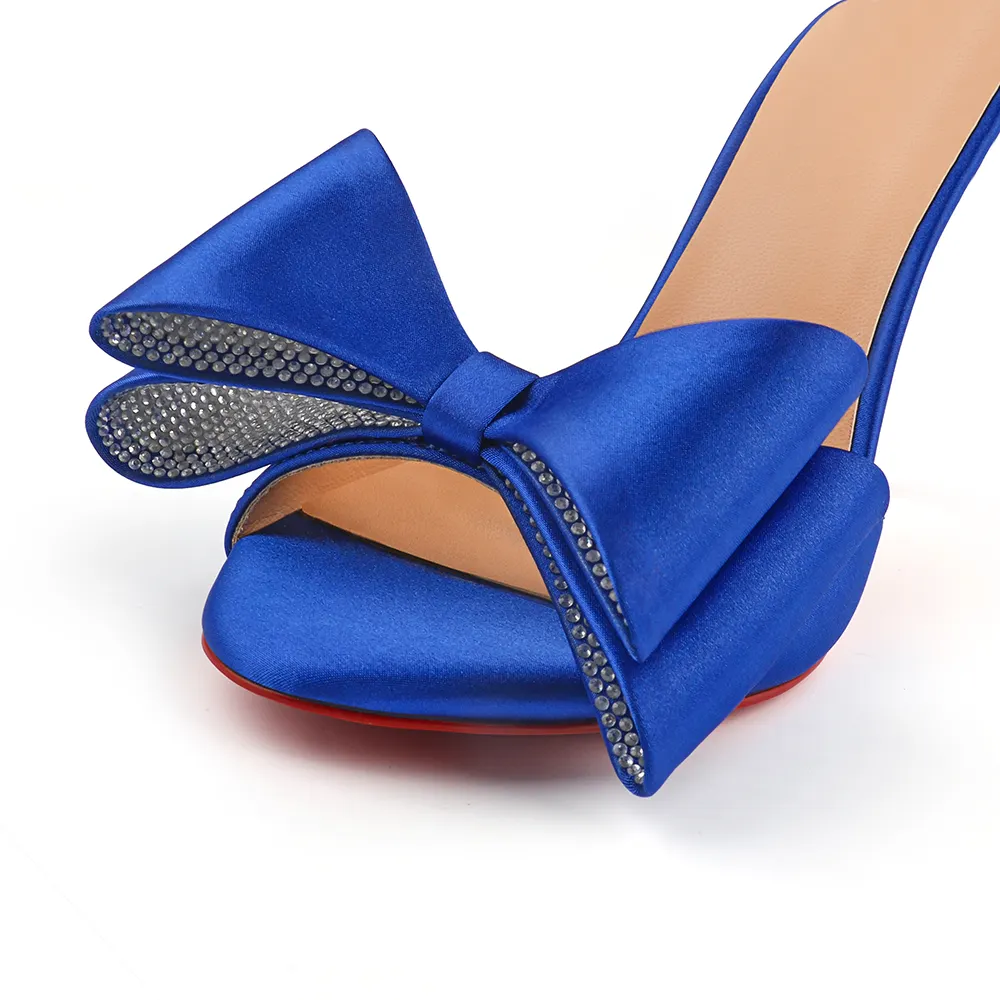 100mm/3.94 Inch Women's High Heel Mules Rhinestone Bowknot Backless Stiletto Heel Slippers Sexy Summer Heeled Red Bottom Sandals-vocosishoes