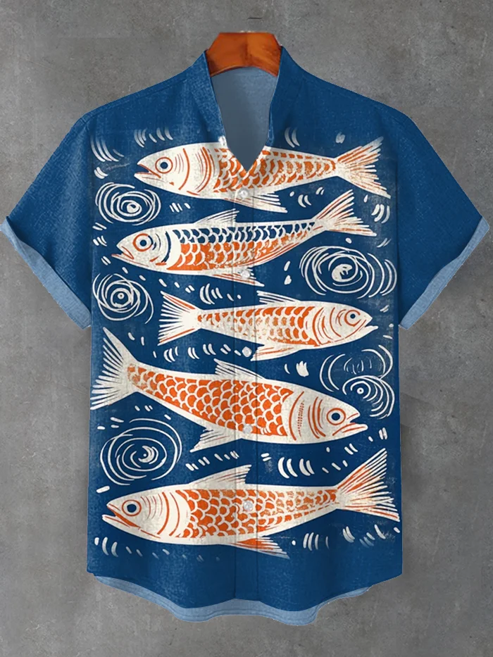 Men's Japanese Ukiyo-e Sardines Print Casual Short Sleeve Shirt