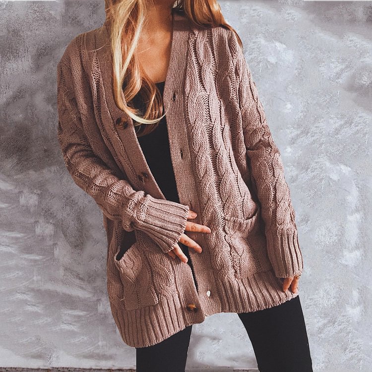 Comstylish Casual Twist Pocket Long Sleeve Knitted Sweater Cardigan