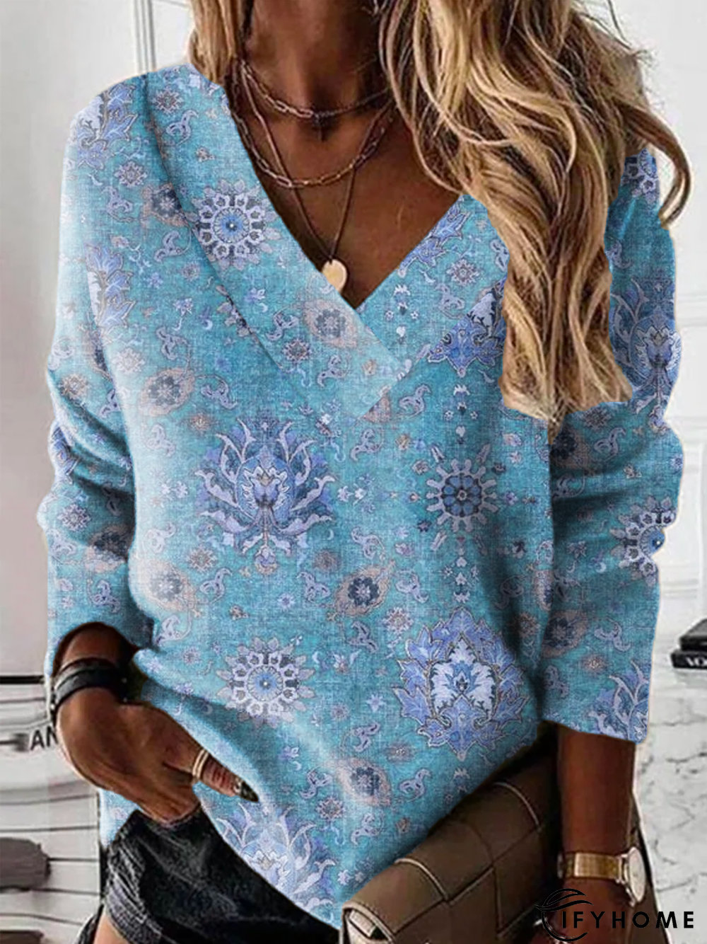 V Neck Printed Casual Tunic Sweatshirt | IFYHOME