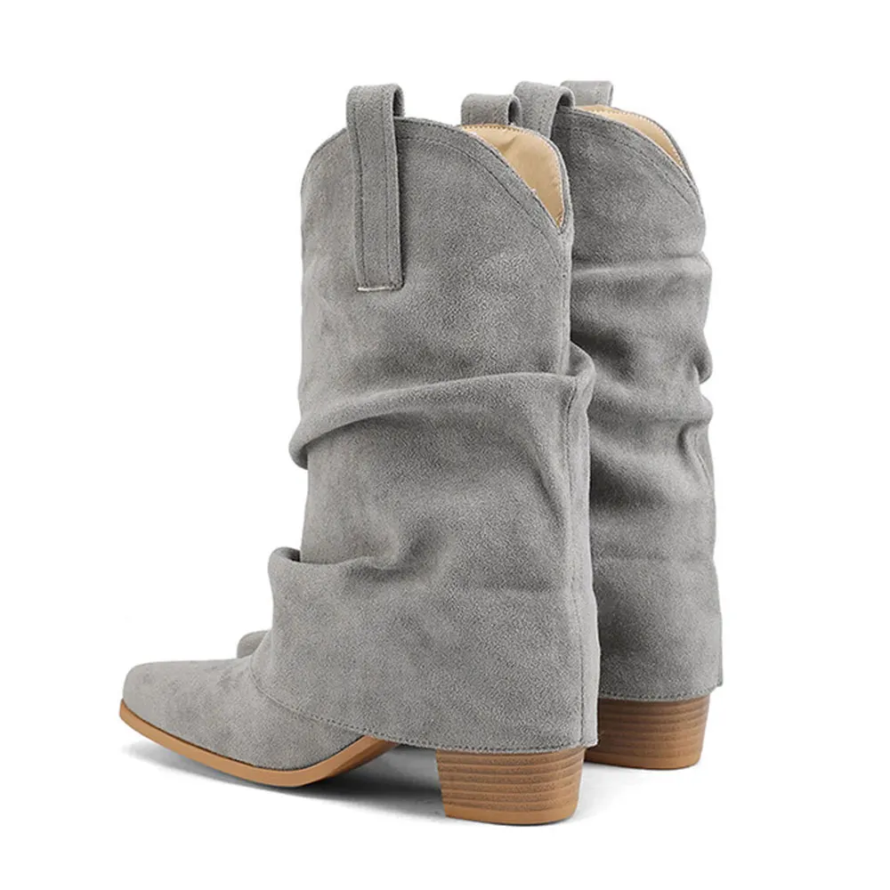 Vegan Suede Fold Over Block Heel Snip Toe Grey Mid Calf Cowgirl Boots