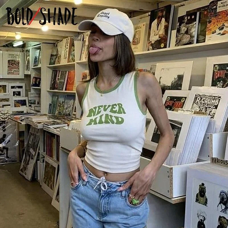 Bold Shade Letter Print Sleeveless Tank Tops Indie Aesthetic Y2K Style Basic Women Bodycon Vest 90s Style Patchwork O-neck Tanks