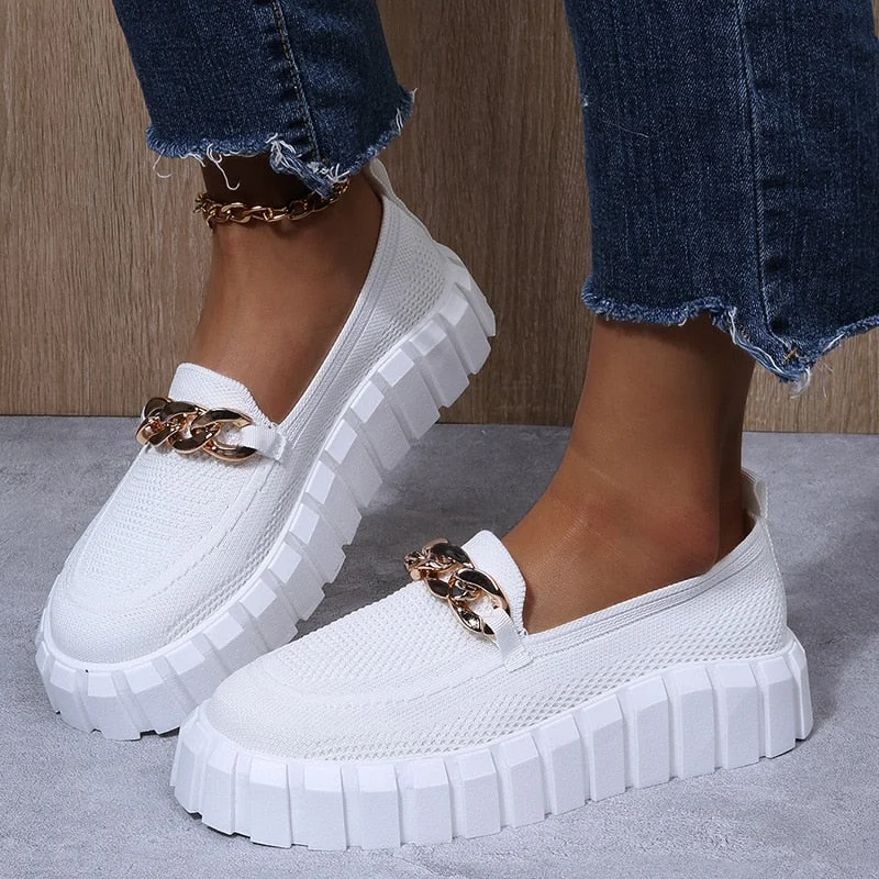 Women's Chain Loafer Flats For Women Round Toe Slip On Mesh Sneaker Casual Shoes Fabric Flats Breathable Comfy Walking Shoes