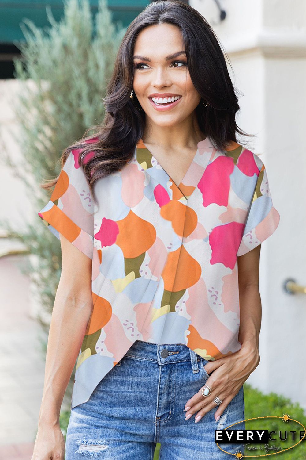 Multicolor Boho Floral Print V Neck Short Sleeves Top