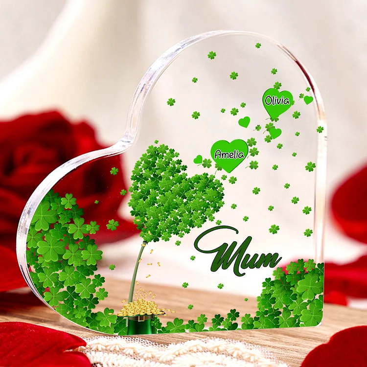 2 Names-Personalized Mum Lucky Clover Acrylic Heart Keepsake Custom Text Acrylic Plaque Ornaments Gifts Set With Gift Box for Nan/Mother-St Patrick's Day
